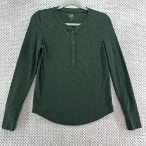 GAP Rib Henley Top Womens S Green Crew Neck Long Sleeve Basic